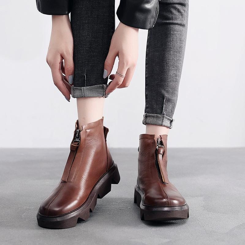 Bottes En Cuir Faites À La Main Rétro Printemps-automne Pour Femmes