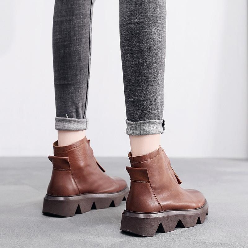 Bottes En Cuir Faites À La Main Rétro Printemps-automne Pour Femmes