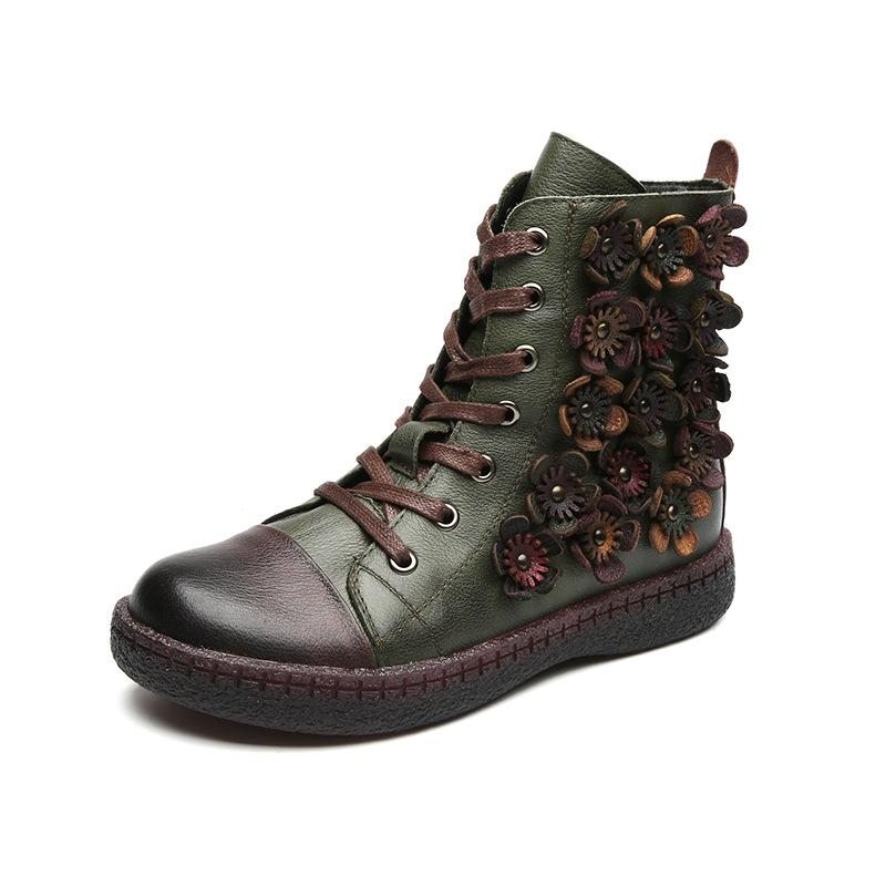 Bottes En Cuir À Fleurs Assorties Décontractées D'automne Et D'hiver