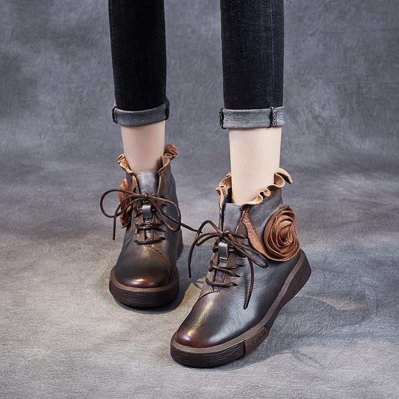 Bottes En Cuir À Fleurs Plates Décontractées Pour Femmes D'automne Et D'hiver