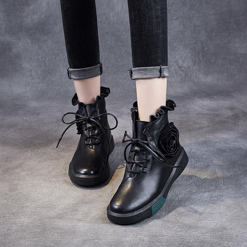 Bottes En Cuir À Fleurs Plates Décontractées Pour Femmes D'automne Et D'hiver