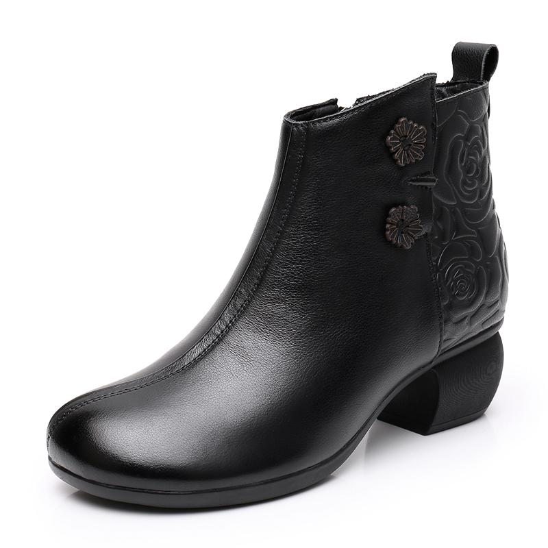 Bottes En Cuir À Fleurs Rétro Automne-hiver Grande Taille