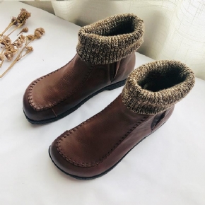 Bottes En Cuir D'hiver En Peluche Patchwork De Laine Rétro