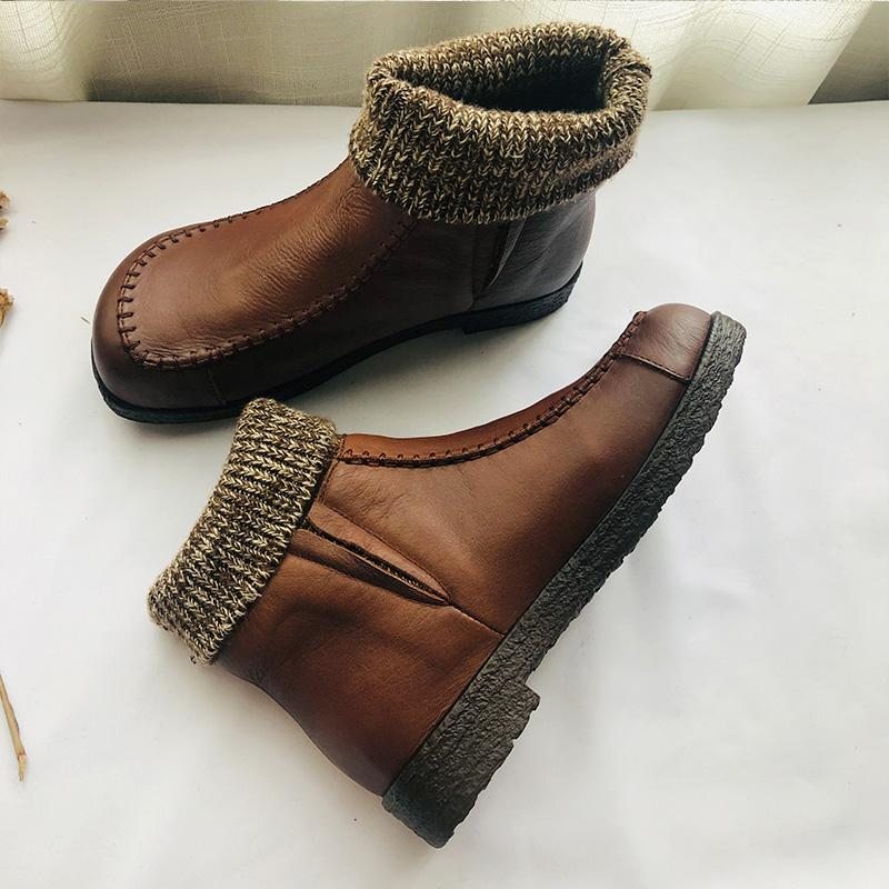 Bottes En Cuir D'hiver En Peluche Patchwork De Laine Rétro