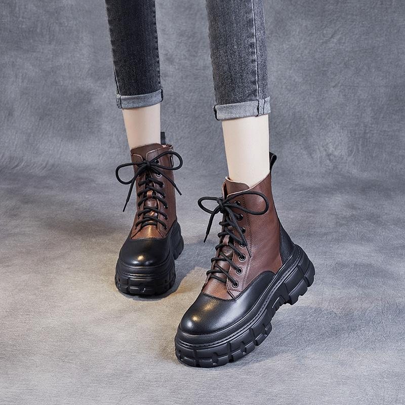 Bottes En Cuir Patchwork Rétro Causales Pour Femmes D'hiver