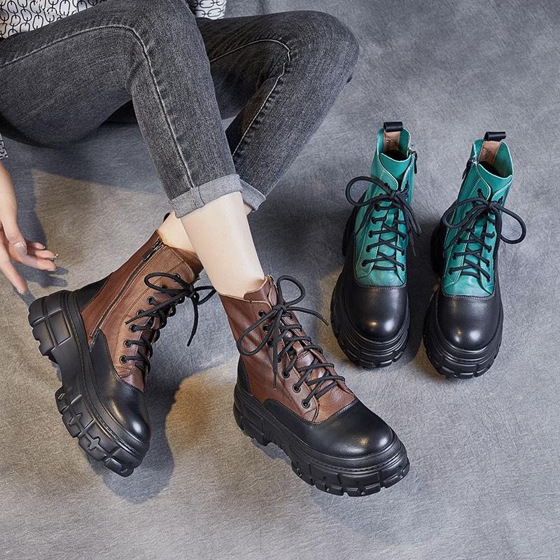 Bottes En Cuir Patchwork Rétro Causales Pour Femmes D'hiver