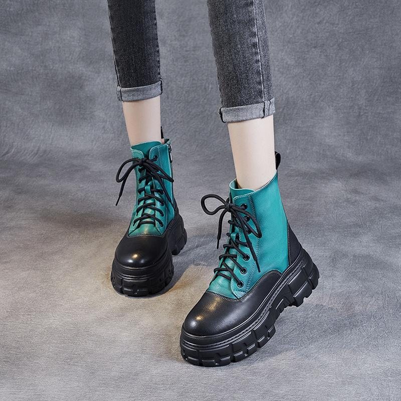 Bottes En Cuir Patchwork Rétro Causales Pour Femmes D'hiver