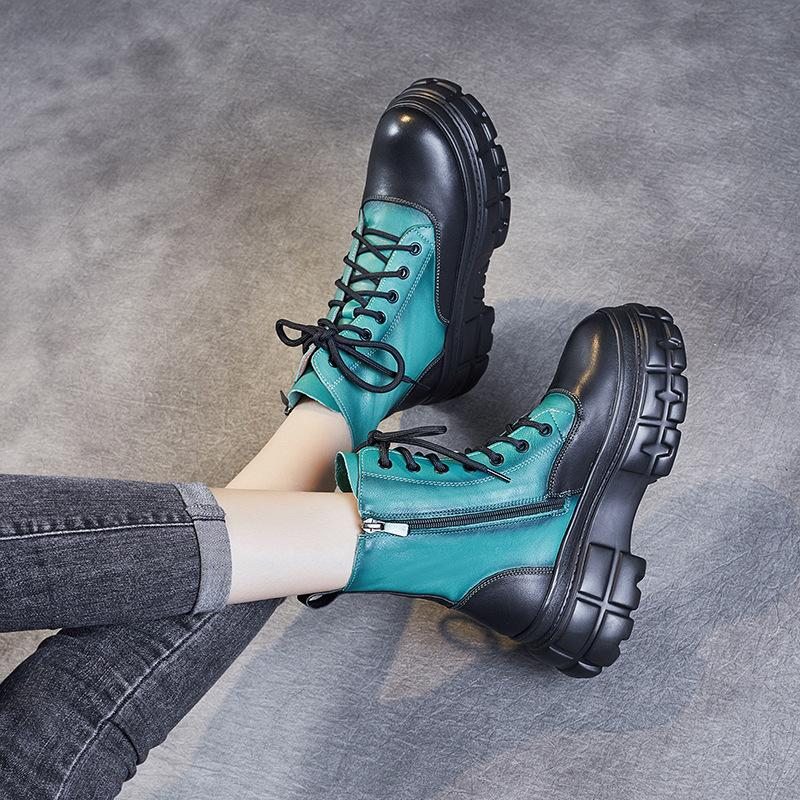 Bottes En Cuir Patchwork Rétro Causales Pour Femmes D'hiver