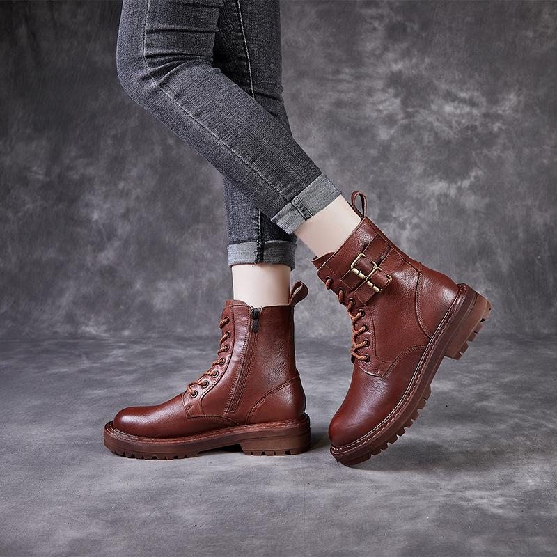 Bottes En Cuir Rétro Faites À La Main Pour Femmes D'automne