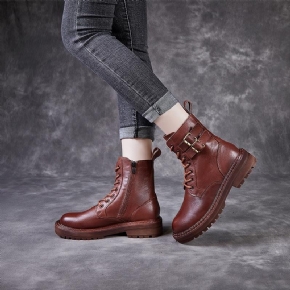 Bottes En Cuir Rétro Faites À La Main Pour Femmes D'automne