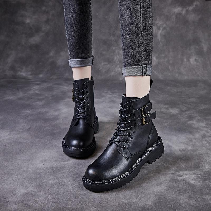 Bottes En Cuir Rétro Faites À La Main Pour Femmes D'automne