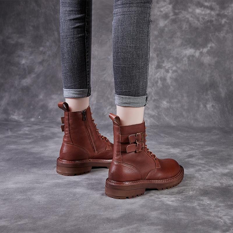 Bottes En Cuir Rétro Faites À La Main Pour Femmes D'automne