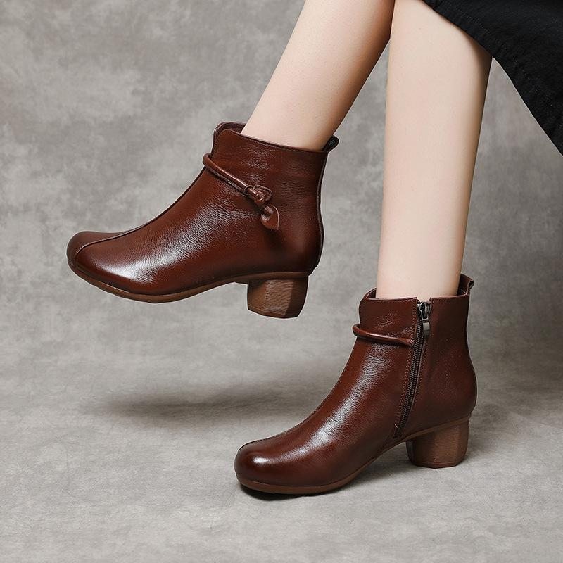 Bottes En Cuir Souple À Talon Mi-haut Rétro Automne-hiver