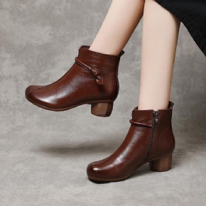 Bottes En Cuir Souple À Talon Mi-haut Rétro Automne-hiver