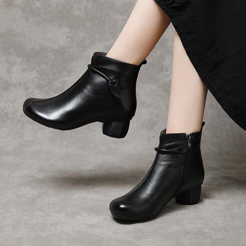 Bottes En Cuir Souple À Talon Mi-haut Rétro Automne-hiver