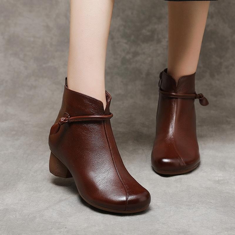 Bottes En Cuir Souple À Talon Mi-haut Rétro Automne-hiver