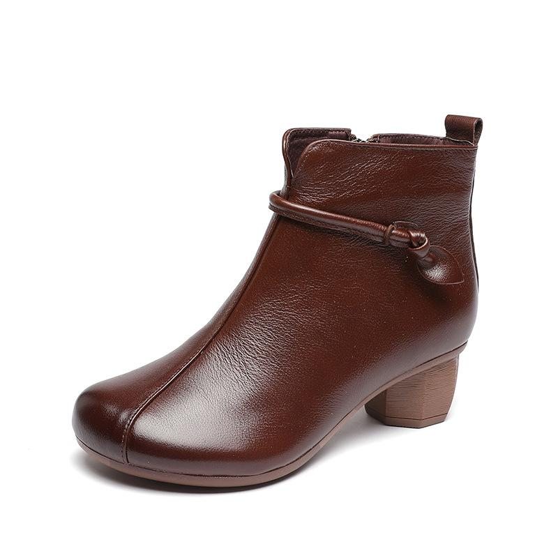 Bottes En Cuir Souple À Talon Mi-haut Rétro Automne-hiver