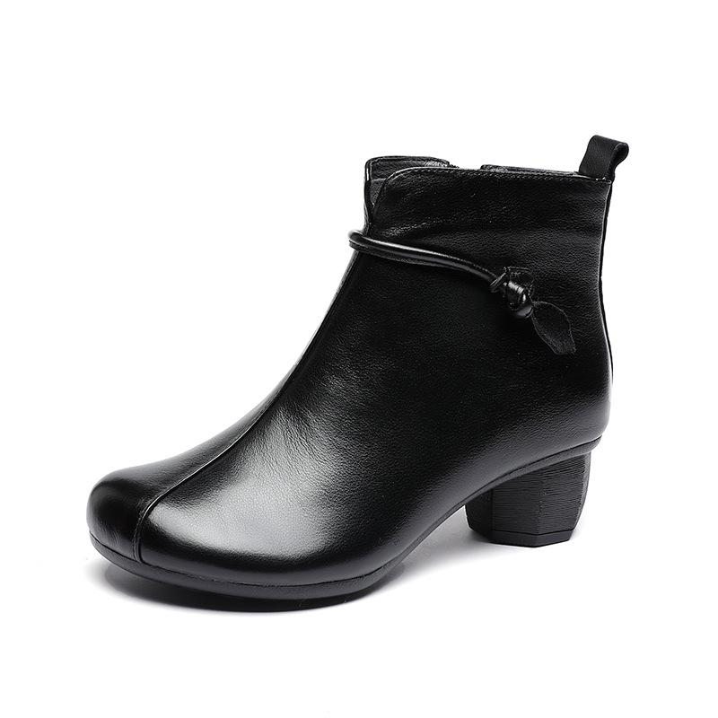 Bottes En Cuir Souple À Talon Mi-haut Rétro Automne-hiver