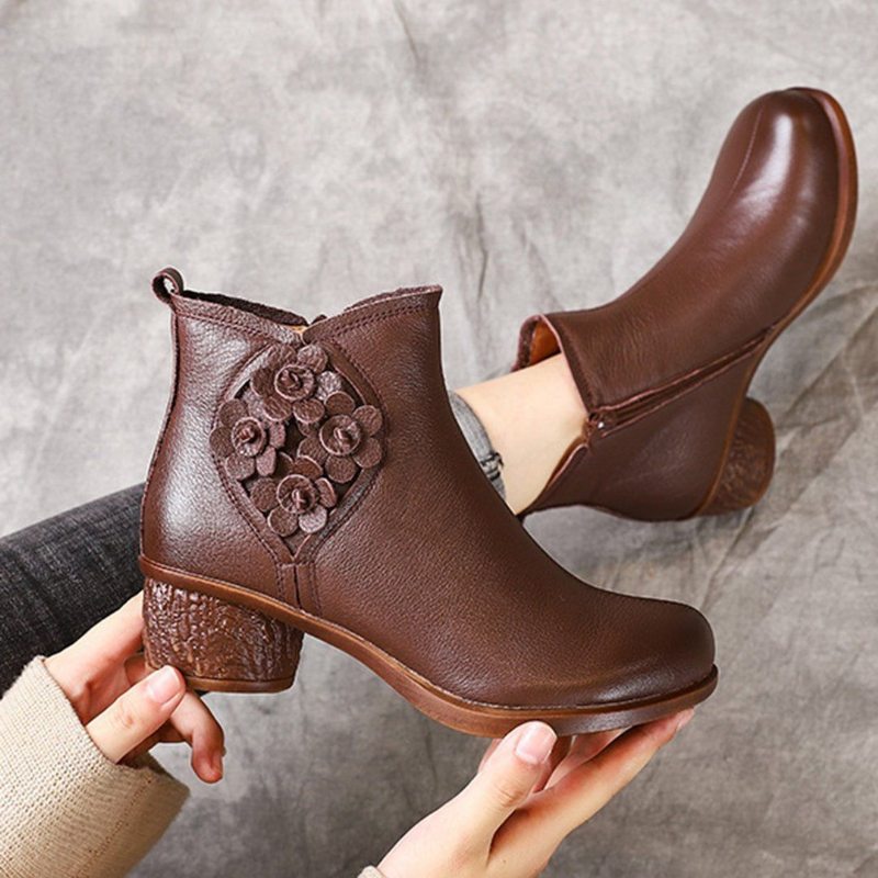 Bottes En Cuir À Talons Épais Et Fleurs