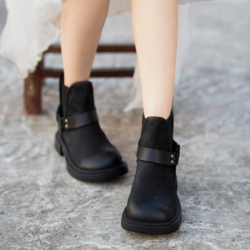 Bottes En Cuir À Tête Ronde Rétro Décontractées D'automne Et D'hiver