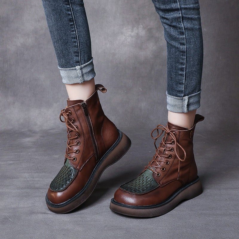 Bottes En Cuir À Tête Ronde Tissées Rétro Printemps Automne