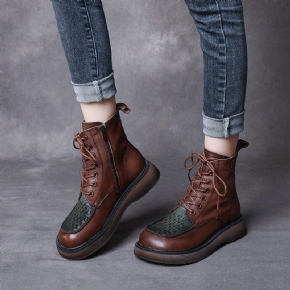 Bottes En Cuir À Tête Ronde Tissées Rétro Printemps Automne