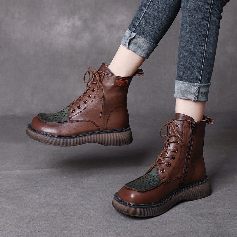 Bottes En Cuir À Tête Ronde Tissées Rétro Printemps Automne