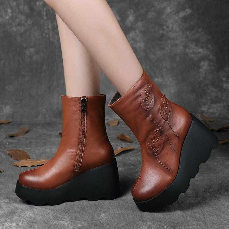 Bottes Décontractées Compensées En Cuir Rétro Automne-hiver