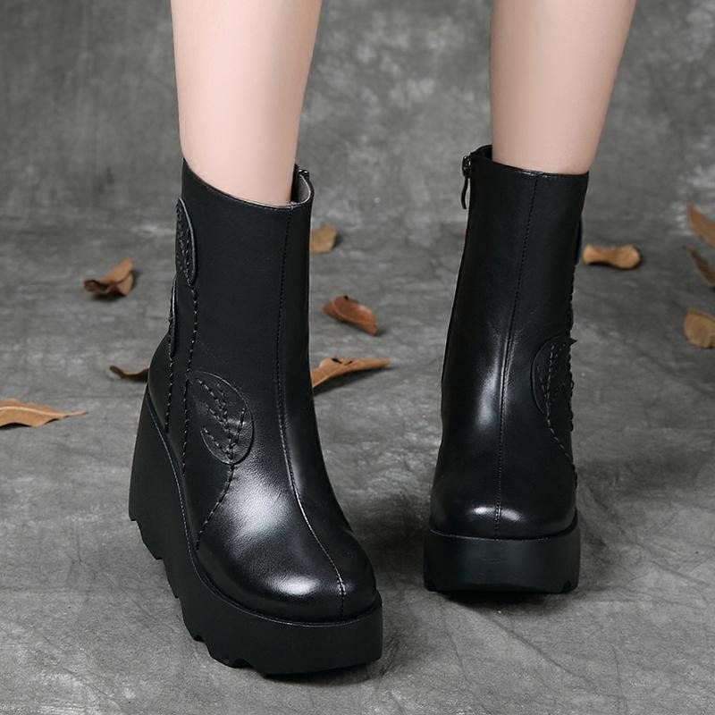 Bottes Décontractées Compensées En Cuir Rétro Automne-hiver