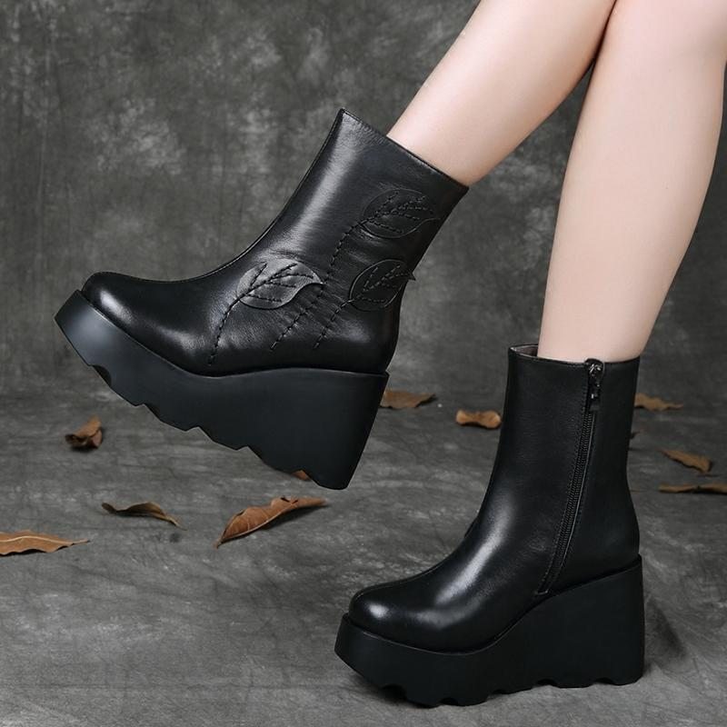 Bottes Décontractées Compensées En Cuir Rétro Automne-hiver