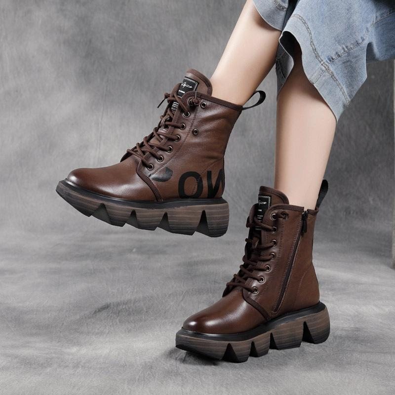 Bottes Décontractées En Cuir Compensées Rétro À La Mode Automne-hiver