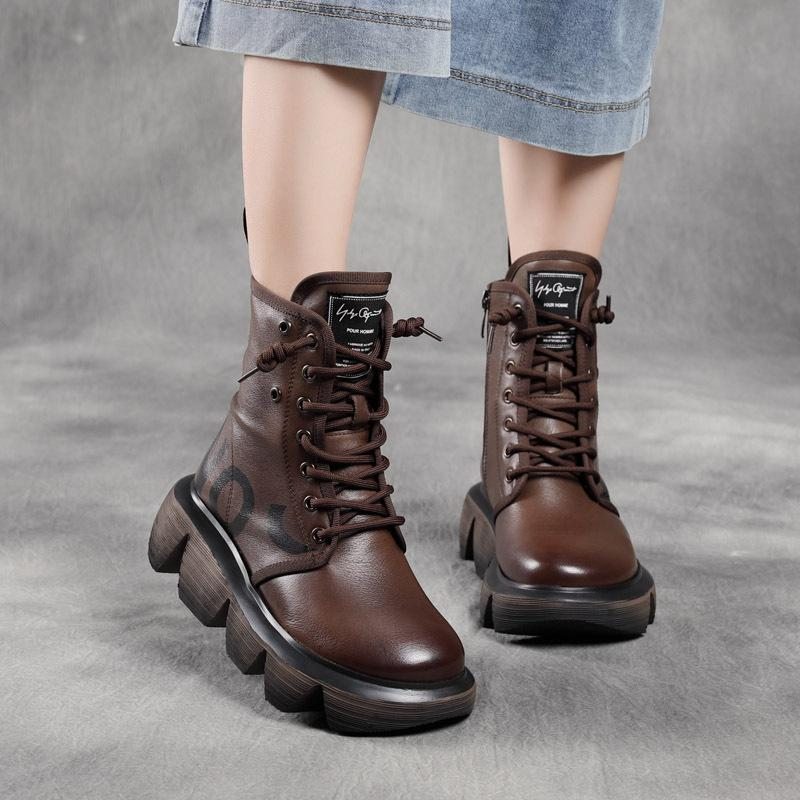 Bottes Décontractées En Cuir Compensées Rétro À La Mode Automne-hiver