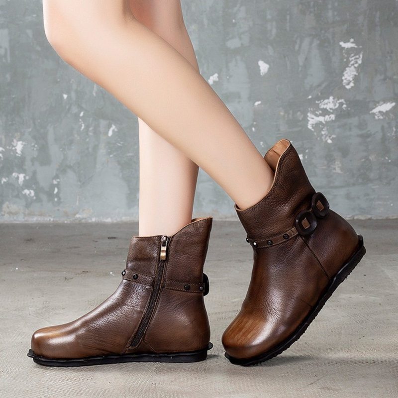 Bottes Décontractées En Cuir Faites À La Main Originales Pour Femmes Avec Ceinture