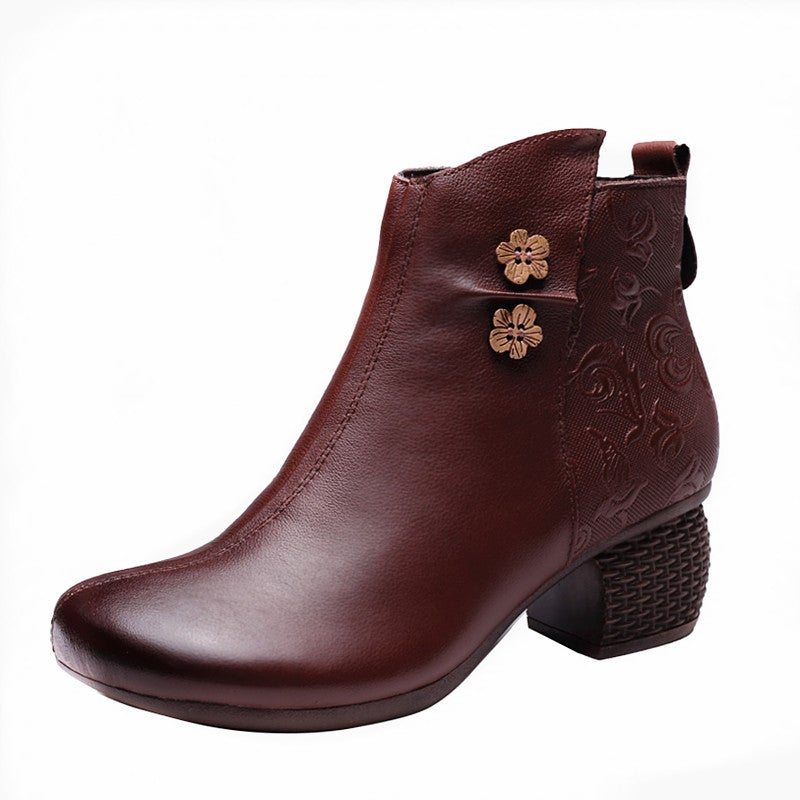 Bottes Décontractées À Décoration Florale En Cuir Rétro En Peluche D'hiver