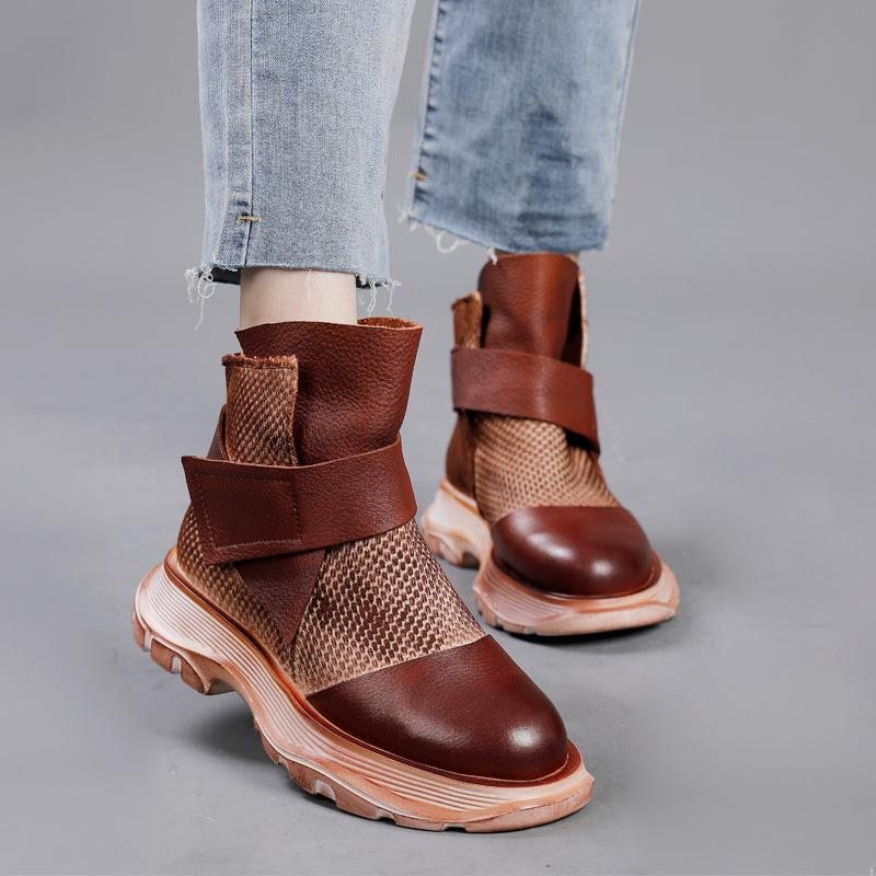 Bottes Décontractées En Patchwork De Mailles En Cuir Rétro Printemps Hiver