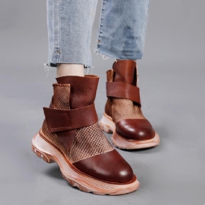 Bottes Décontractées En Patchwork De Mailles En Cuir Rétro Printemps Hiver