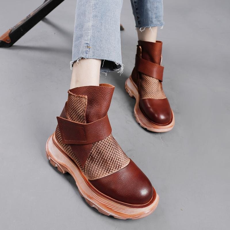 Bottes Décontractées En Patchwork De Mailles En Cuir Rétro Printemps Hiver