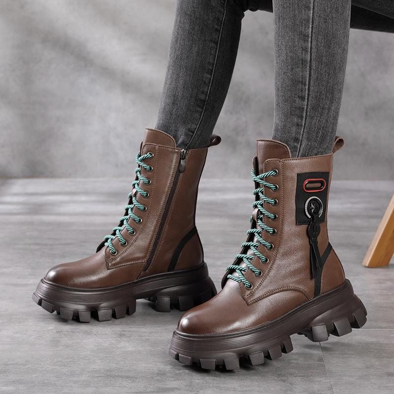 Bottes Décontractées À Plateforme En Cuir Peluche Vintage D'hiver