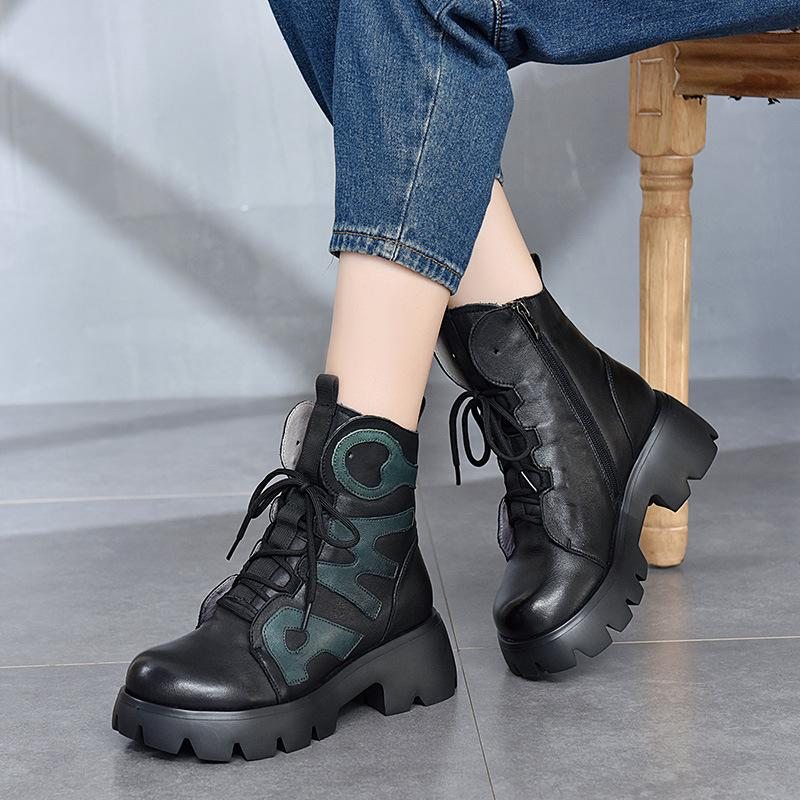 Bottes Décontractées À Plateforme Patchwork En Cuir Rétro D'hiver