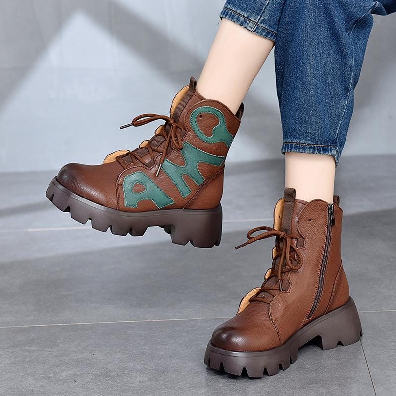 Bottes Décontractées À Plateforme Patchwork En Cuir Rétro D'hiver