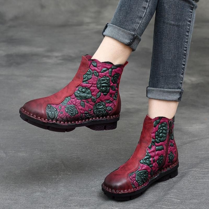 Bottes Pour Femmes À Fleurs Faites À La Main En Cuir Rétro Automne-hiver