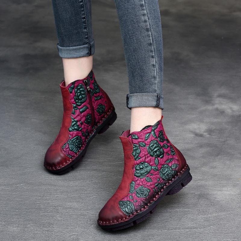 Bottes Pour Femmes À Fleurs Faites À La Main En Cuir Rétro Automne-hiver