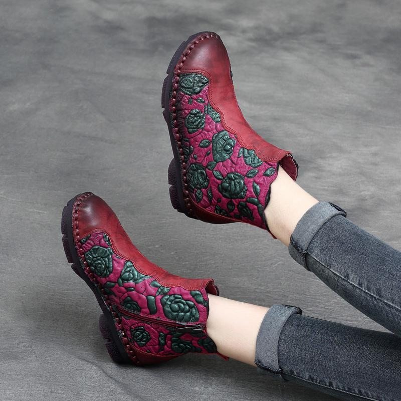 Bottes Pour Femmes À Fleurs Faites À La Main En Cuir Rétro Automne-hiver