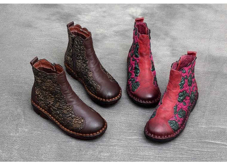 Bottes Pour Femmes À Fleurs Faites À La Main En Cuir Rétro Automne-hiver