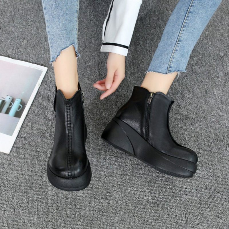 Bottes Pour Femmes À Plateforme Rétro En Cuir D'automne Et D'hiver