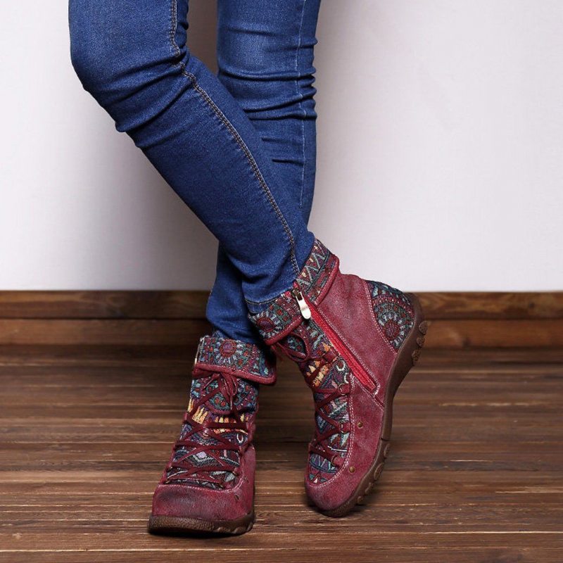 Bottes Pour Femmes Plates Et Confortables En Cuir Ethnique Vintage