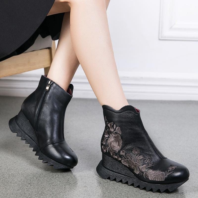 Bottes Pour Femmes À Talon Compensé Ethnique Brodées À La Main En Cuir Rétro D'automne