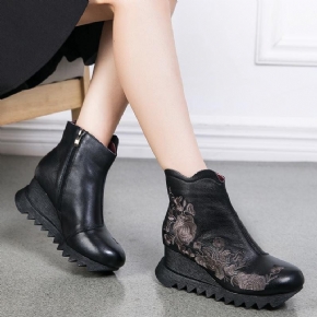 Bottes Pour Femmes À Talon Compensé Ethnique Brodées À La Main En Cuir Rétro D'automne