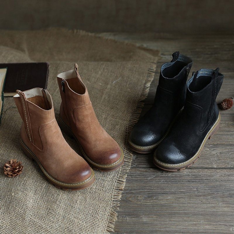 Bottes À Fermeture Éclair Latérale En Cuir Suédé Rétro Automne-hiver