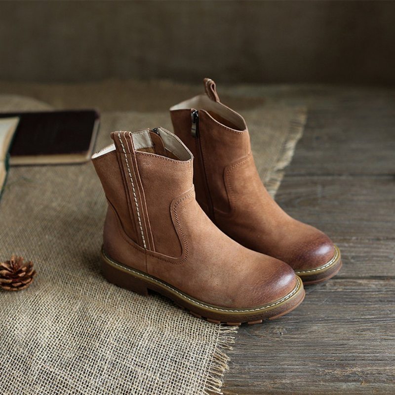 Bottes À Fermeture Éclair Latérale En Cuir Suédé Rétro Automne-hiver